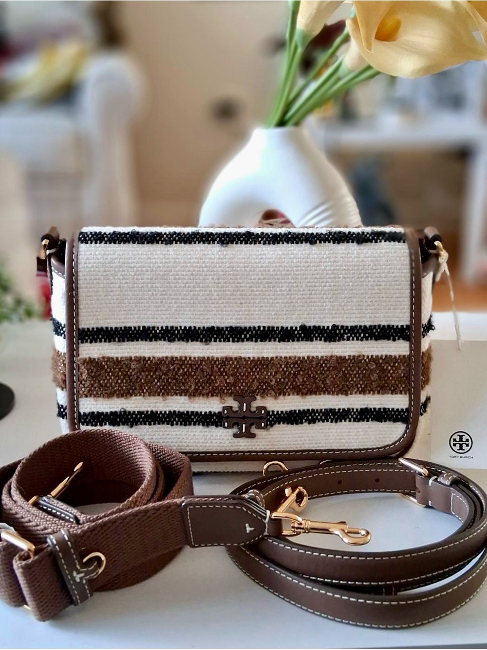 TORY BURCH THEA STRIPE FLAP CROSSBODY BAG W/2 STRAPS $555.00 NWT